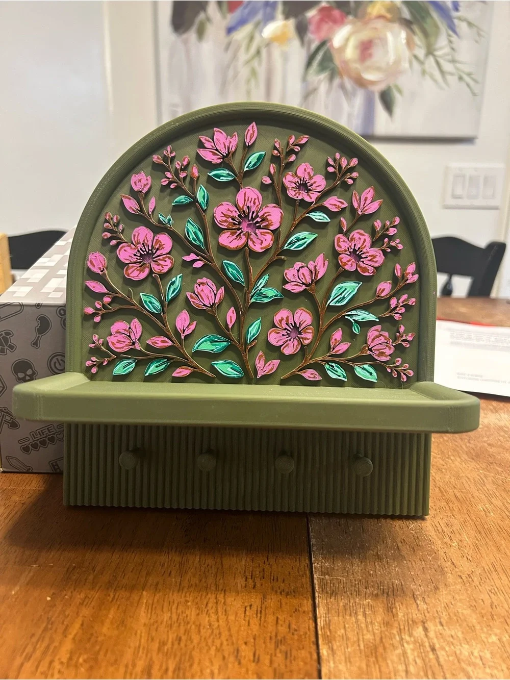 Handcrafted Floral Wall Hook Shelf - Olive Green with Pink Flowers